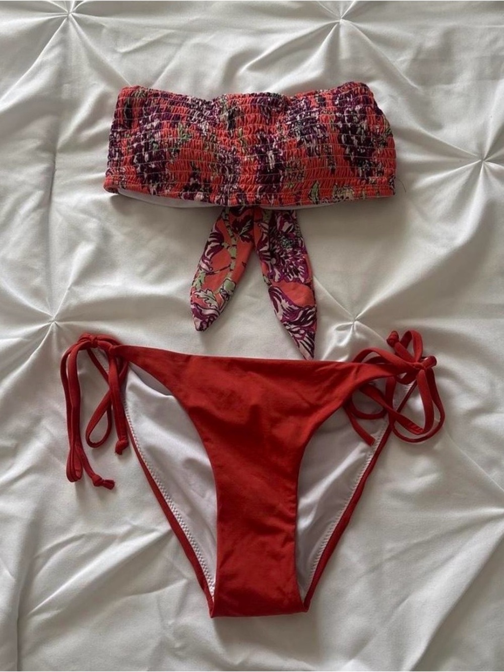 Cotton On Body Red Bandeau Bikini Set with Patterned Tie Accent